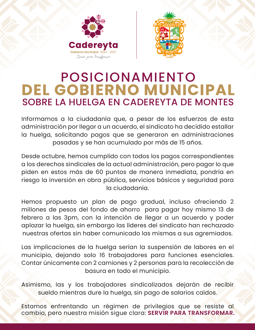 Posicionamiento del Gobierno Municipal sobre la Huelga en Cadereyta de Montes